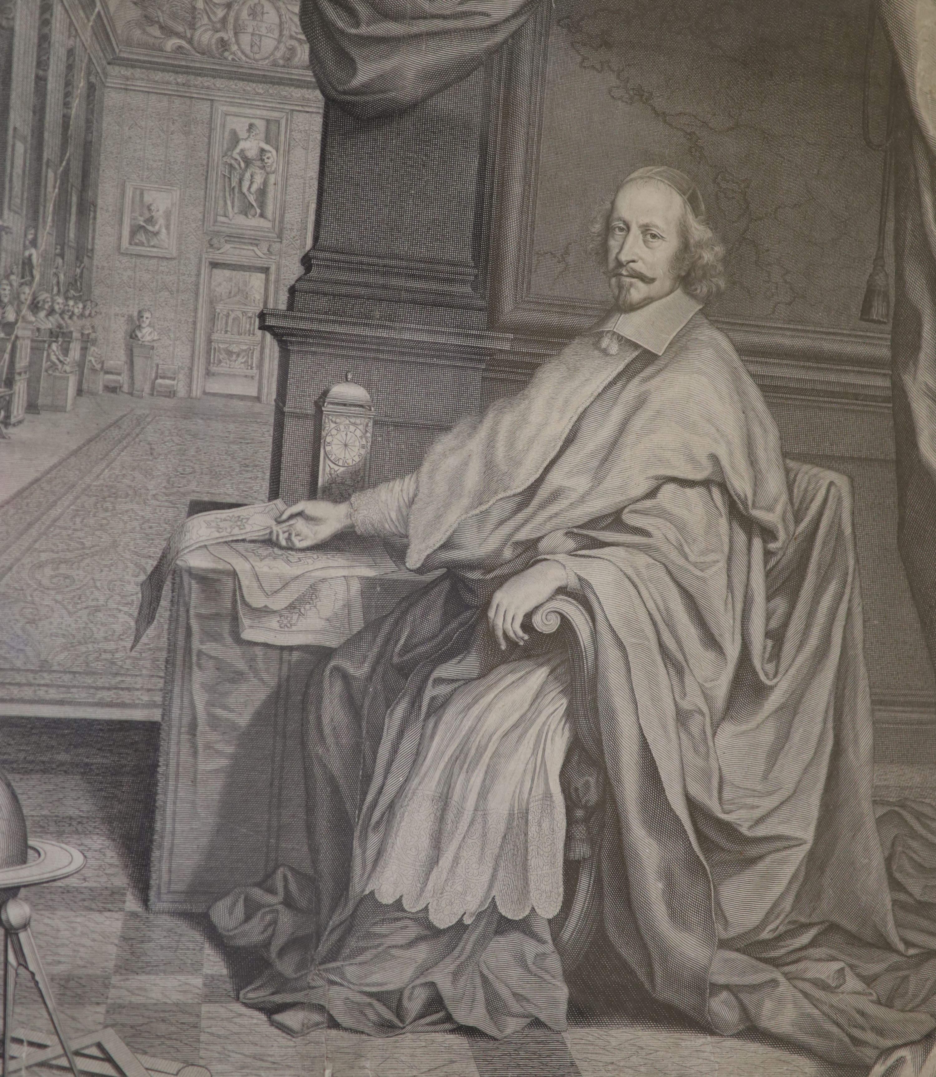 After Nanteuil, engraving, portrait of a seated cardinal, and six other assorted engravings, largest 48 x 57cm.